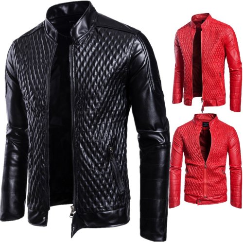 Men'S Stand Collar Zipper Pure Color Leather Jacket