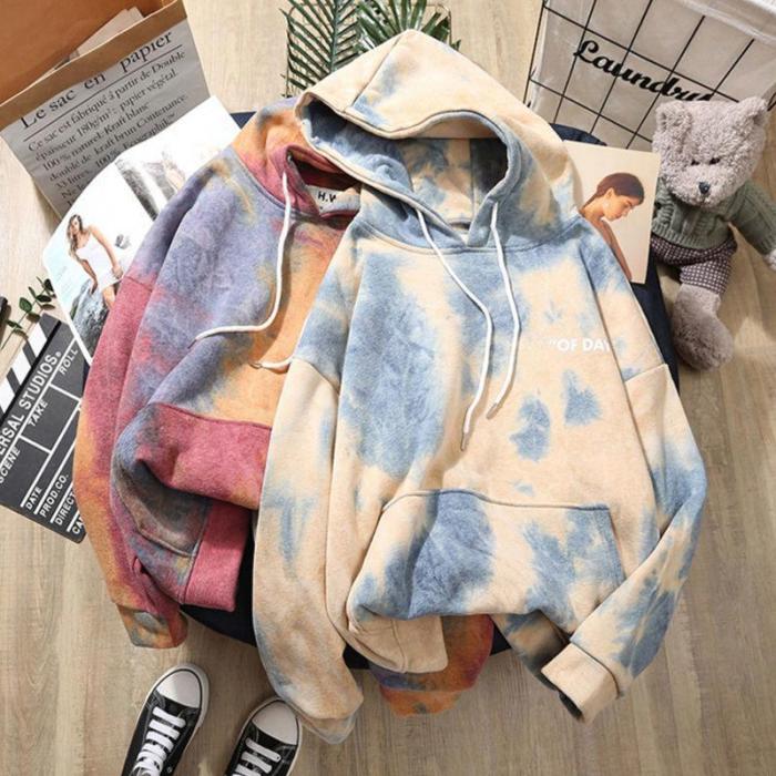 Oversize Tie Dye Hoodie Plus Velvet Hooded Casual Sweatshirt Tops Harajuku Korean Style Pullover