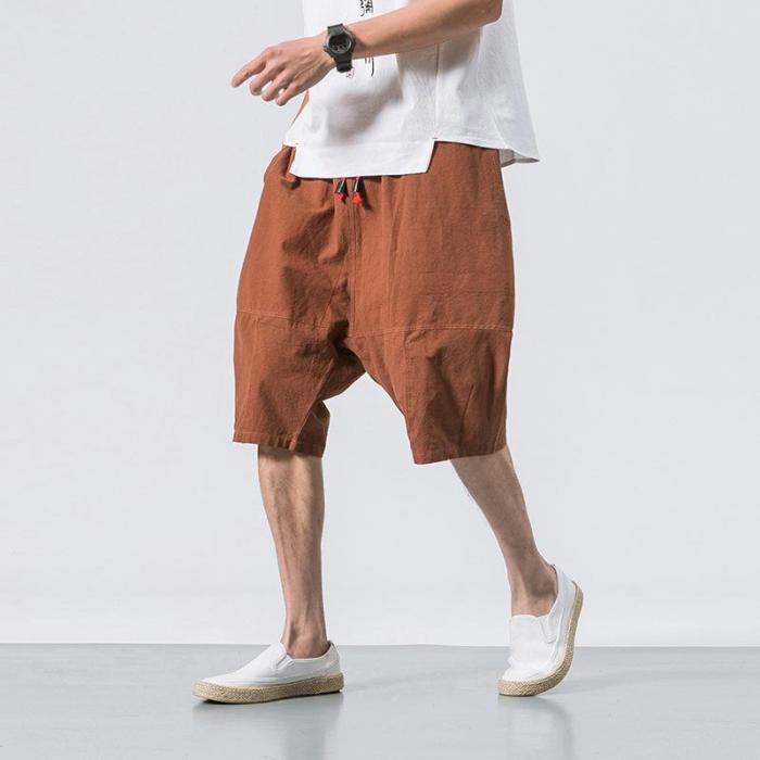 Mens Summer Breathable Cotton Linen Solid Color Knee Length