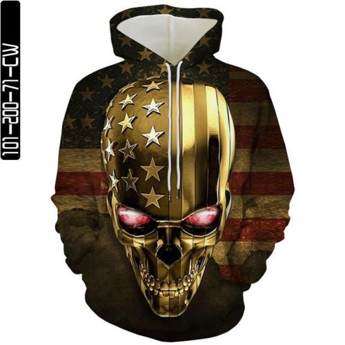 Gold Skull Man Head Eyes Shining American Flag Movie Cosplay Unisex 3D Printed Hoodie Sweatshirt Pullover