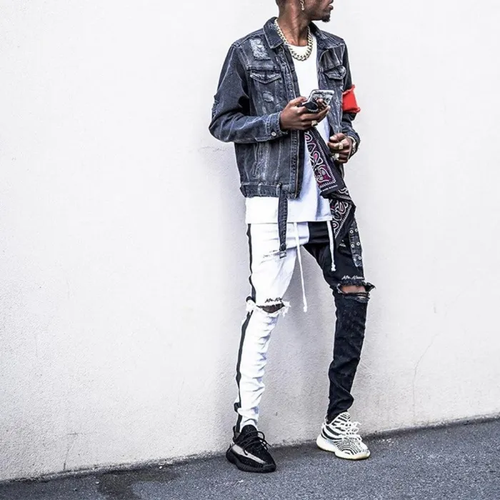 Men Patchwork Hole Denim Pants Streetwear Pencil Jeans
