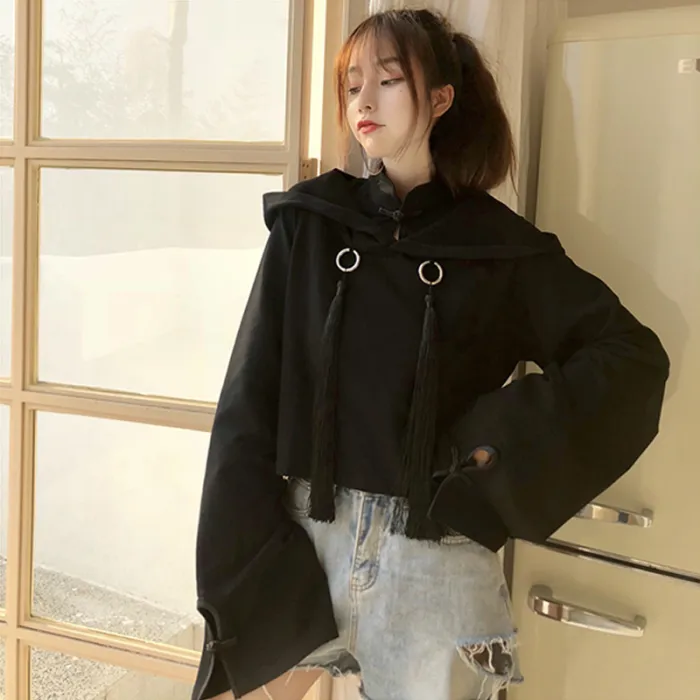 Tassel Buckle Chinese Characters Embroidered Flared Sleeve Hoodie