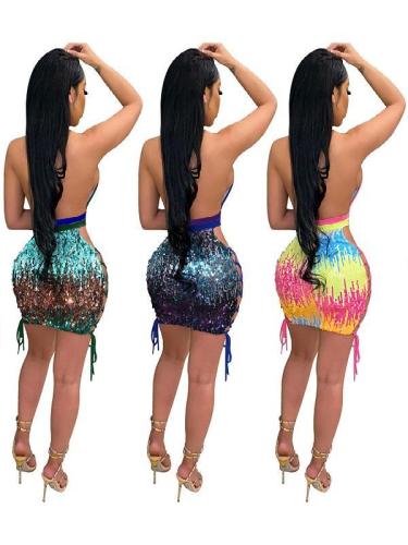 Sexy Sequin Halter Backless Dress Womens Contrast Color Club Dresses