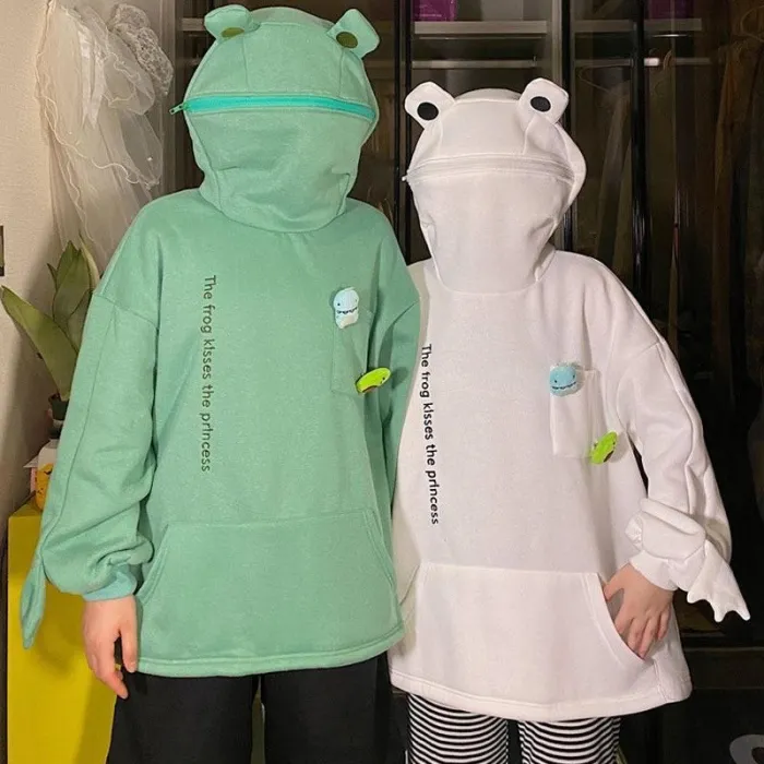 Harajuku Frog Pullover Hooded Casual Sweatshirts Autumn Embroidery Loose Top Doll Decoration Hoodies