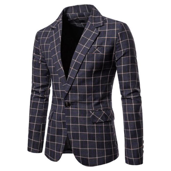Men'S Slim Button Suit Plaid Turn-Down Collor Tops Solid Jacket Coat