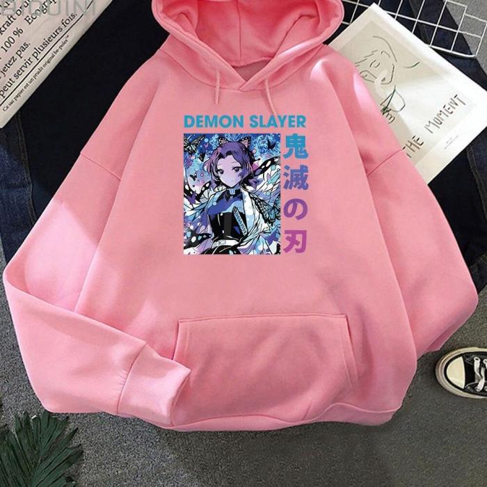 Demon Slayer Anime Hoodie Unisex Kochou Shinobu Printed Harajuku Graphic Loose Sweatshirts Casual Pullover