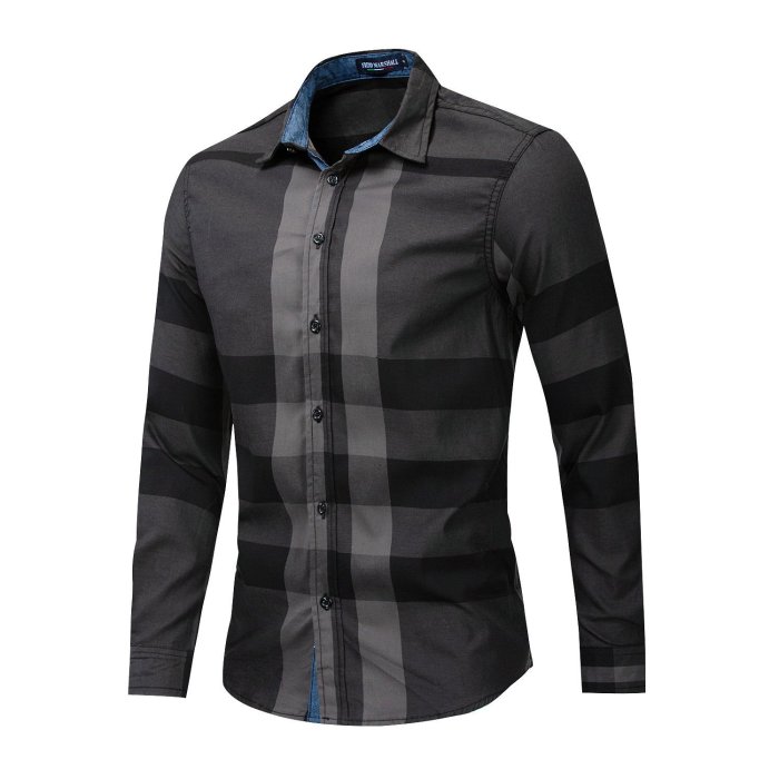 Men'S Cotton Long Sleeved Shirt Color Matching Plaid Shirt