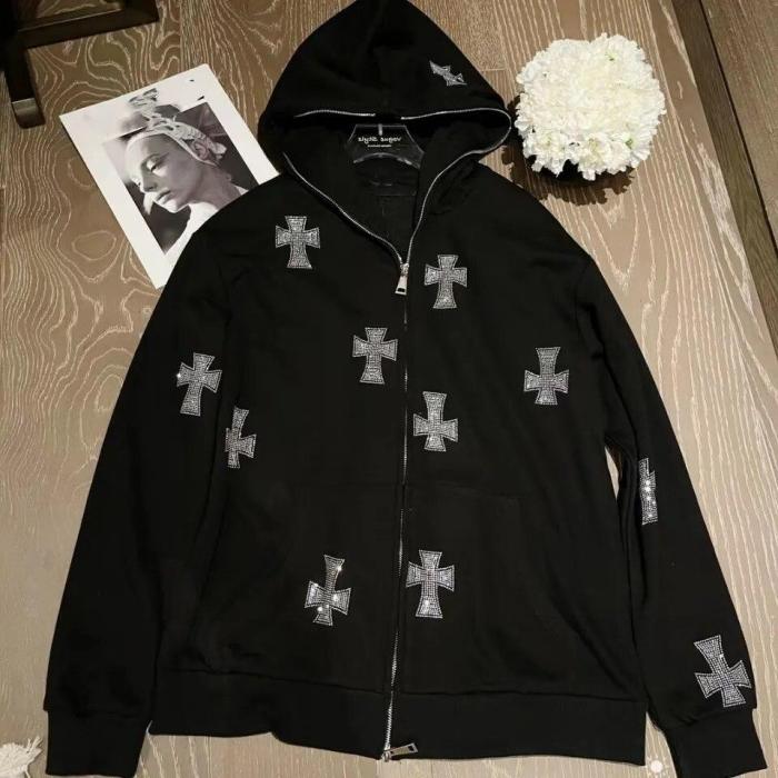 Rhinestone Gothic Street Wear Long Sleeve Black Zip Hoodie Hip Hop Joggers Sweatshirt Punk Sport Coat Pullover