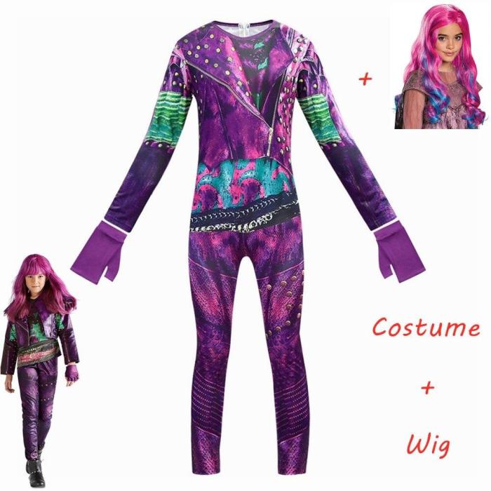 Descendants 3 Mal Bertha Maleficent Long Live Evie Straight Purple Kids Adult Cosplay Wig + Jumpsuits Halloween Costume For Kids