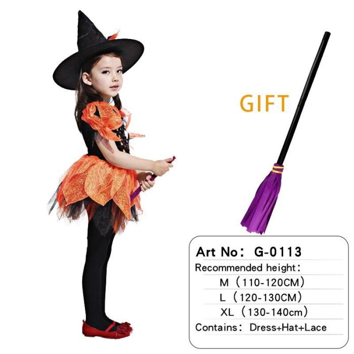 Halloween Witch Costume Attached Broom For Girls Party Role Play Cosplay Performance Dance Show Vampire Hat Dress Up