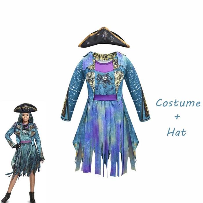 Mardi Gras Blue Descendants 3 Uma Costumes Long Sleeves Party Funny Cosplay Girls Wig+Dress Halloween Costume For Kids
