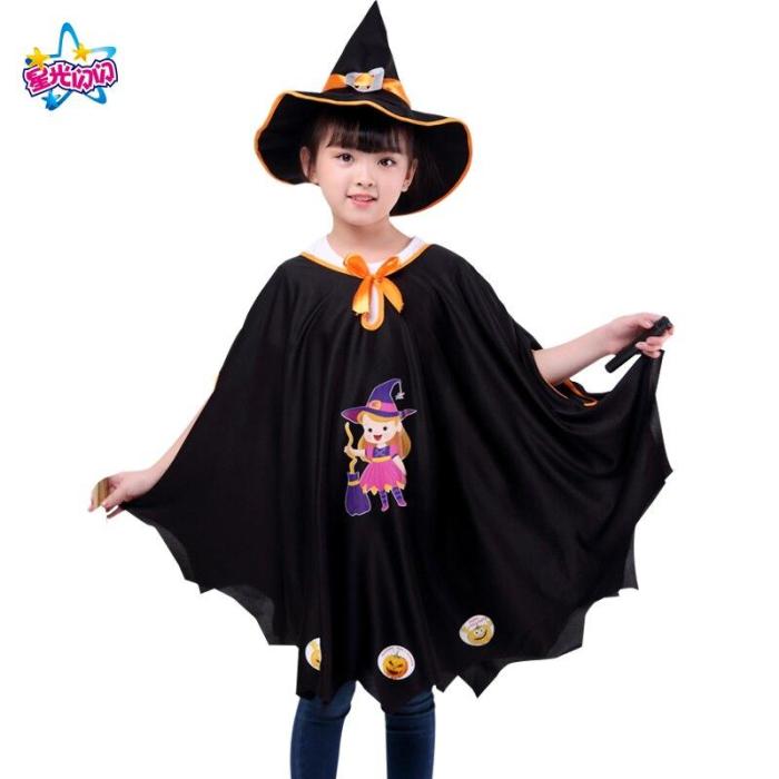 Halloween Pumpkin Cloak Children'S Cape With Hat Girl Performance Costume Sorcerer Witch Cloak Set Ghost  Dress Up