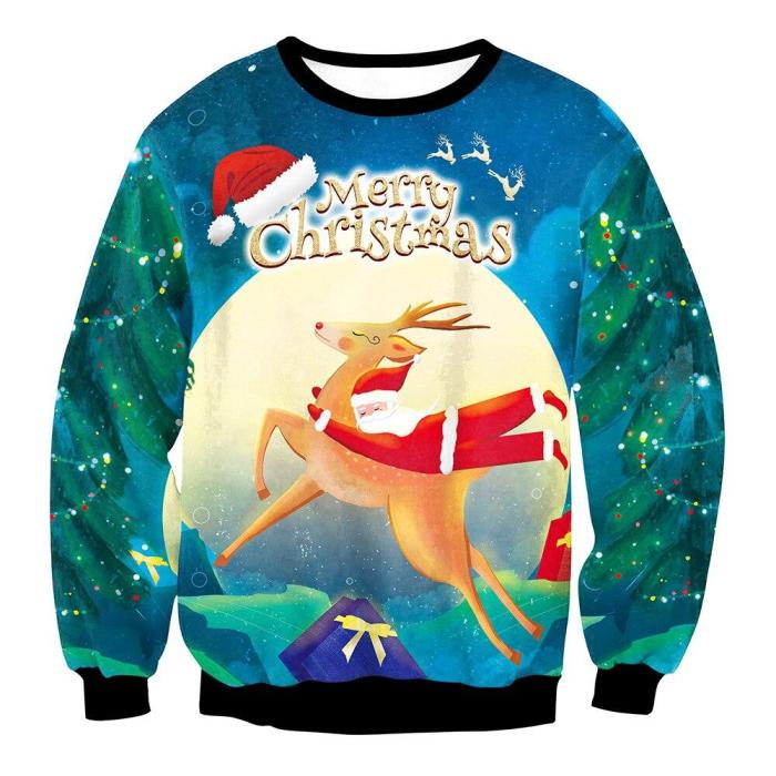 Fashion Ugly Christmas Sweater Men Women Round Neck Holiday Xmas 3D Funny Christmas Elk Printing Pullover Tops