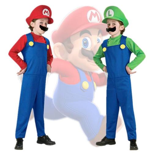 Child Super Mari Bros Cosplay Suit Kids Anime Fantasy Romper Boy Girl Halloween Party Long Sleeve Dress Hat Costume