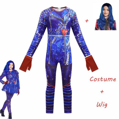 Descendants 3 Mal Bertha Maleficent Long Live Evie Straight Purple Kids Adult Cosplay Wig + Jumpsuits Halloween Costume For Kids