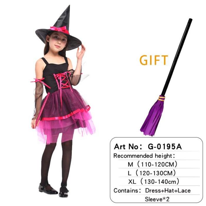 Halloween Witch Costume Attached Broom For Girls Party Role Play Cosplay Performance Dance Show Vampire Hat Dress Up