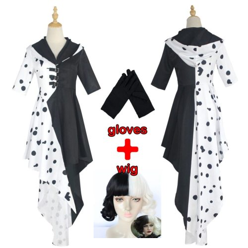 Movie Cruella De Vil Cosplay Costumes 101 Dalmatians Adult Women'S  Fashion Black White Dress Wig Halloween Party Clothes