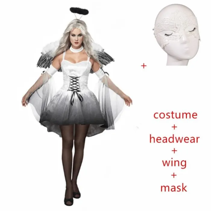 Halloween Sexy Costumes Women Cosplay Dress Fantasy Party Fancy Dress Adult White Black Angel Costume Wings Headwear
