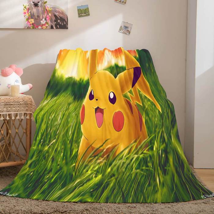 Game Pikachu Cosplay Caroset Blanket Flannel Throw Comforter Set