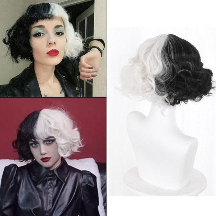 Halloween Cosplay Cruella De Vil Kuila Half Black Half A Hundred Small Short Curly Cos Wig Wig Caps For Making Wigs Danganronpa