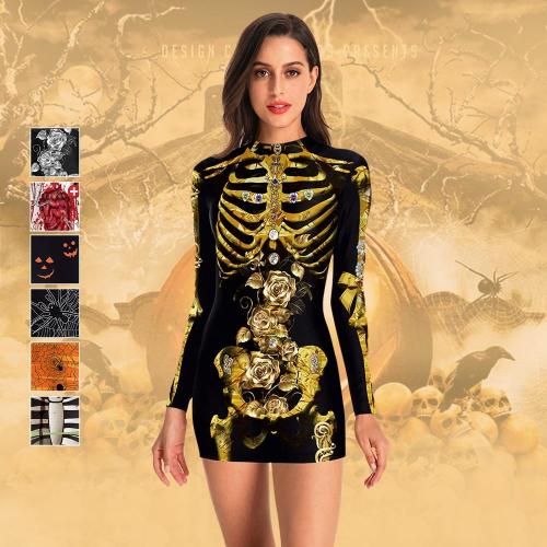 Women'S Halloween Party Costumes Scary Skeleton Skeleton Printed Tight Skirt Cosplay Sexy Ladies Long Sleeve Dress