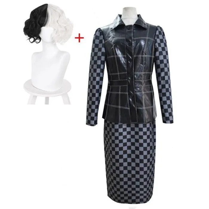 Cruella De Vil Cosplay Costume Movie Super Villain Character Uniform Costume For Women Wig Halloween Set