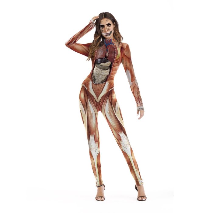 Fashion Female Horror Halloween Cosplay Costume Skull Print Sexy Long-Sleeved Fitness Skeleton Bodysuit One-Piece Party Costume