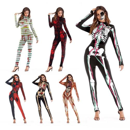 Fashion Female Horror Halloween Cosplay Costume Skull Print Sexy Long-Sleeved Fitness Skeleton Bodysuit One-Piece Party Costume