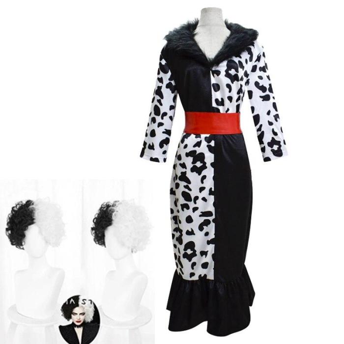 Arrival Cruella De Vil Cosplay Costume 101 Dalmatians Villain Uniform Dress Up Halloween Wig Costume For Women Xs-Xxxl