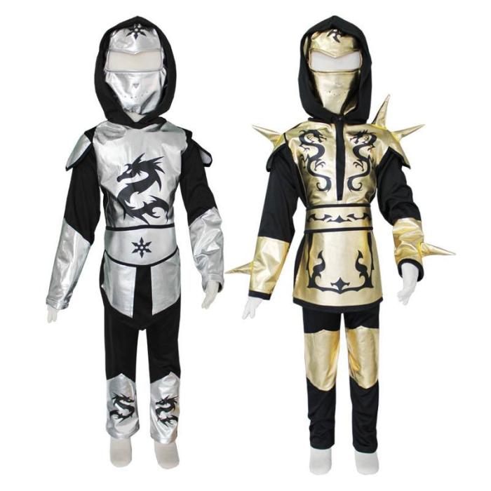 Ninja Costume Kids Gold Sliver Dragon Ninja Costume Hooded Shirt Pants Belt With Mask Carnival Costume