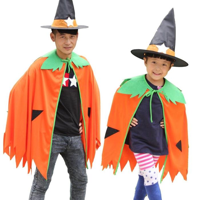 Halloween   Arrival Pumpkin Cloak Attached Hat Fancy Dress Party Adults Kids Outfits Dress Up