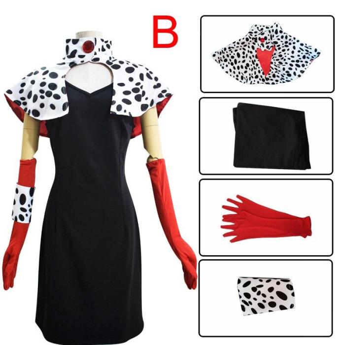 Cruella De Vil Cosplay Costume Dresses 101 Dalmatians With Cape Outfits Halloween Carnival Suit For Women Girls