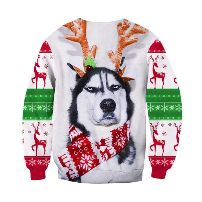 Ugly Christmas Sweater O Neck Couple Print Dog Novelty Ugly Christmas Sweater Unisex Men Women Long Sleeve Pullover
