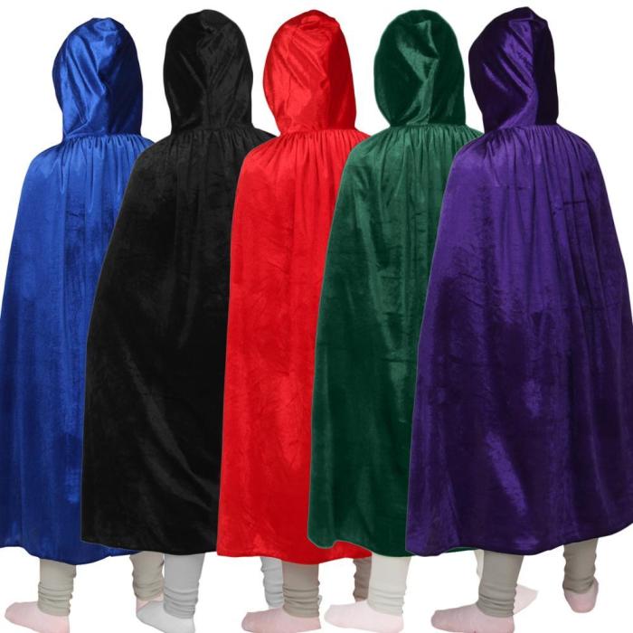 Halloween Adult Kids Velvet Cloak Cape Hooded Medieval Costume Witch Vampire Purim Carnival Party Black Red Blue