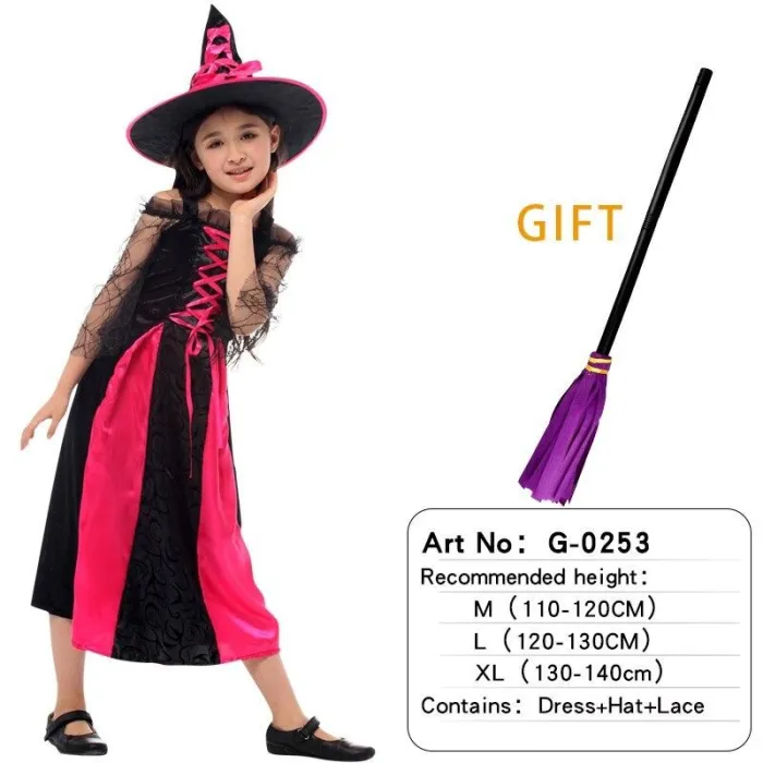 Halloween Witch Costume Attached Broom For Girls Party Role Play Cosplay Performance Dance Show Vampire Hat Dress Up
