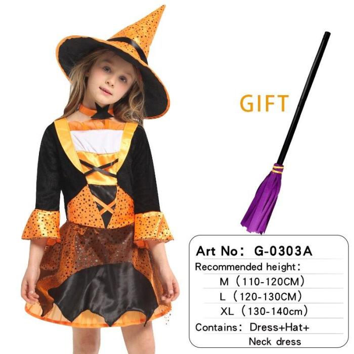 Halloween Witch Costume Attached Broom For Girls Party Role Play Cosplay Performance Dance Show Vampire Hat Dress Up