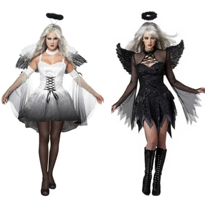 Halloween Sexy Costumes Women Cosplay Dress Fantasy Party Fancy Dress Adult White Black Angel Costume Wings Headwear