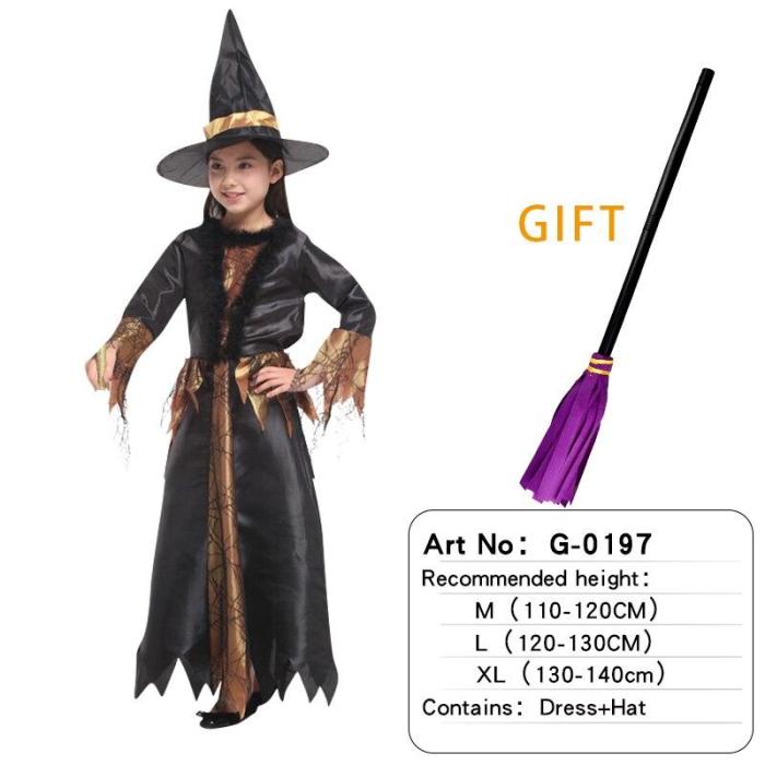 Halloween Witch Costume Attached Broom For Girls Party Role Play Cosplay Performance Dance Show Vampire Hat Dress Up