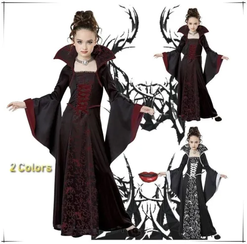 Halloween Costume For Kids Girls Flared Sleeves Royal Vampire Costume Girl Medieval Long Sleeve Dress Costume For Party Cosplay