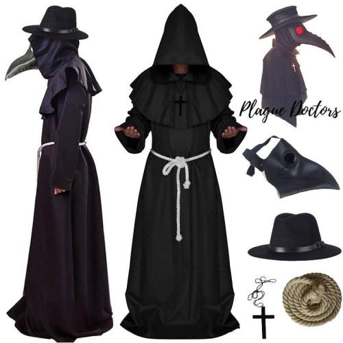 Plague Doctor Cosplay Costume Medieval Hooded Robe Steampunk Terror Mask Hat Adult Halloween Party Role Play Size S-Xl