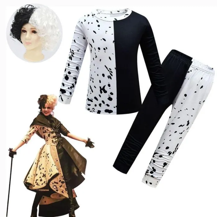 Cruella De Vil Children Halloween Costume Two Piece Set Black White Cosplay Clothes Wig For Girls