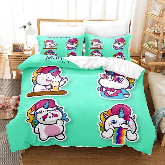 Cartoon Unicorn 3 Piece Bedding Set Duvet Covers Comforter Bed Sheets
