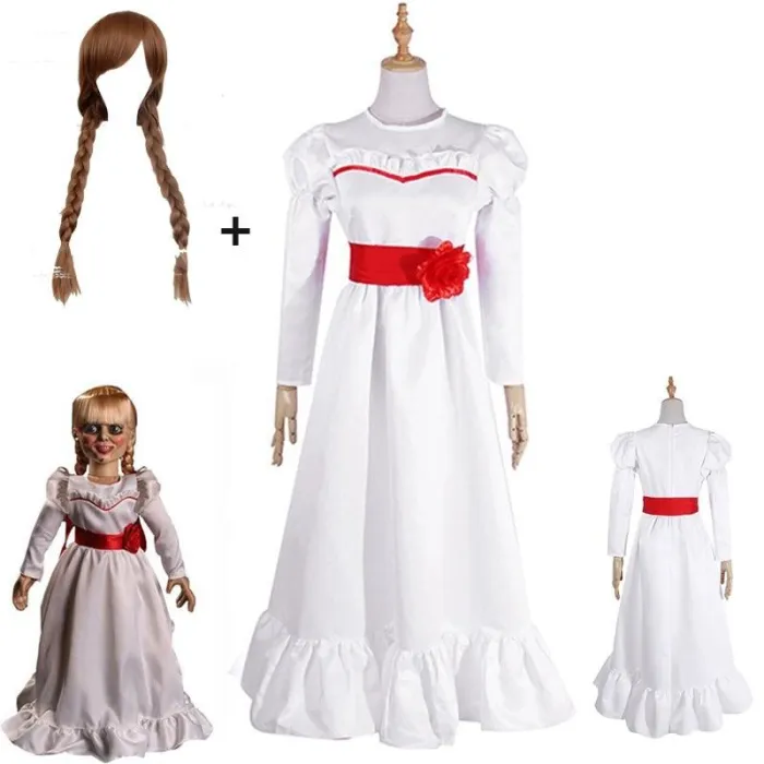 Movie Annabel Cosplay Costume Halloween White Dress For Women Kids Adult Halloween Costume And Wig Horror Conjurining