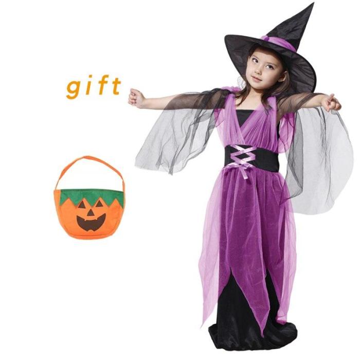 Halloween Kid Girls Witch Costume Silver Stars Printed Carnival Cosplay Dress With Pointed Hat Wand Dress Up Clothes