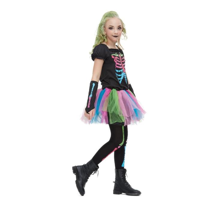 Reneecho   Arrival Rainbow Skeleton Girl Costume Toddler Funky Punky Bone Costume Halloween Costume For Kids