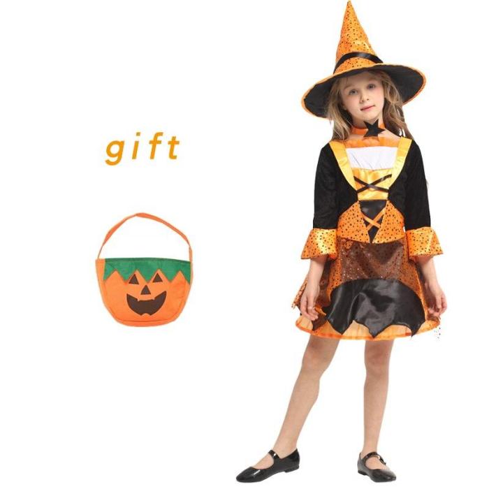 Halloween Kid Girls Witch Costume Silver Stars Printed Carnival Cosplay Dress With Pointed Hat Wand Dress Up Clothes