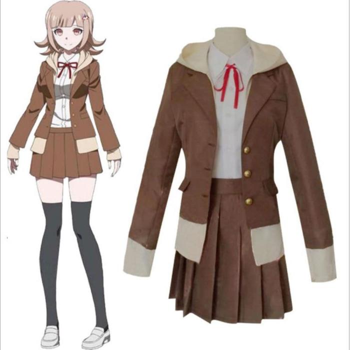 Nanami Chiaki Cosplay Costume  Game Danganronpa Cosplay Suit Women Top Skirts Wigs Set Halloween Costume Anime Khaki Skirt