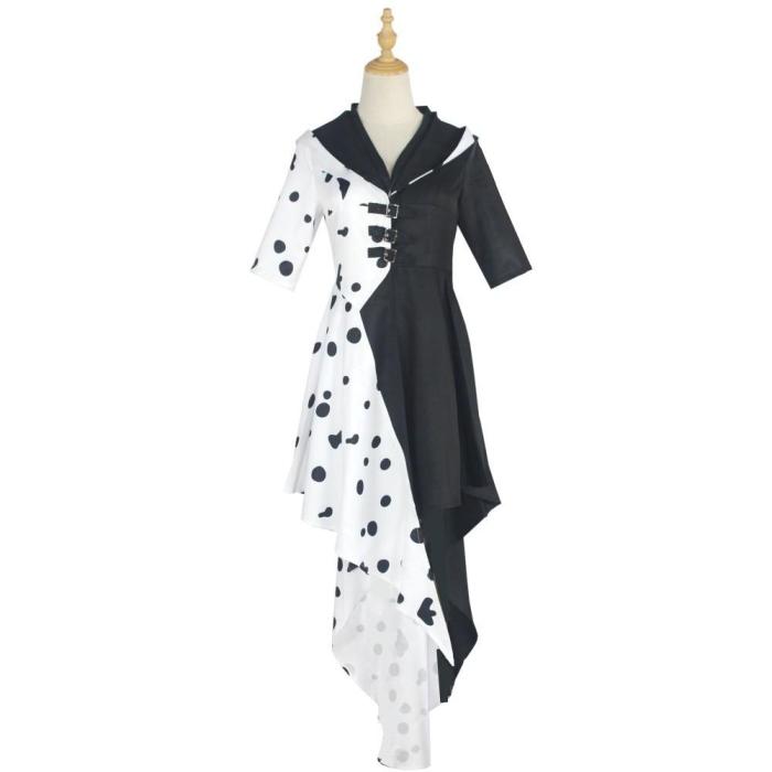 Movie Cruella De Vil Cosplay Costumes 101 Dalmatians Adult Women'S  Fashion Black White Dress Wig Halloween Party Clothes