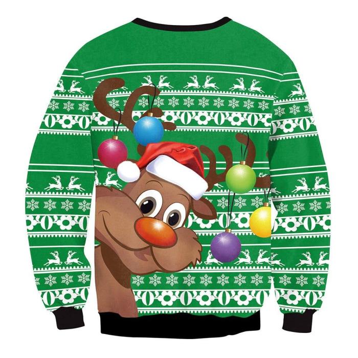 Fashion Ugly Christmas Sweater Men Women Round Neck Holiday Xmas 3D Funny Christmas Elk Printing Pullover Tops