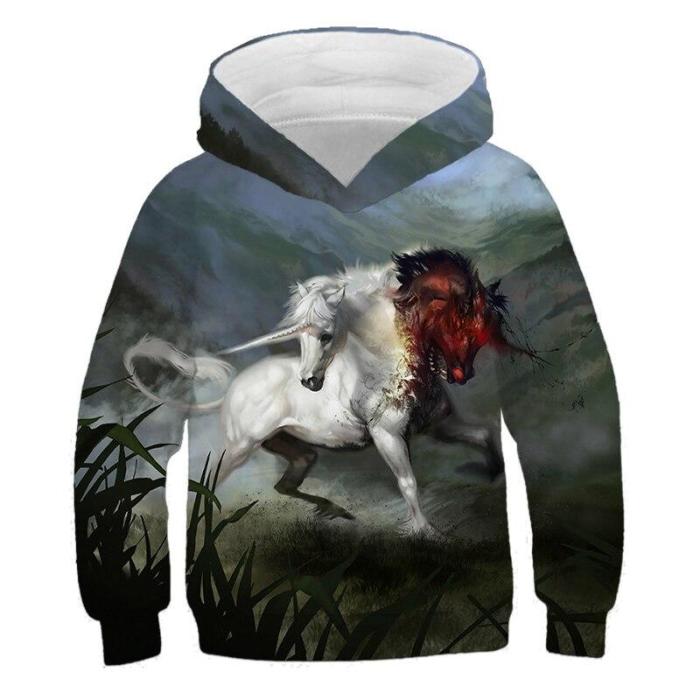 4-14Y Anime Unicorn Horse Hoodies Kids Printed Sweatshirts Boys Hooded Sweater 3D Colorful Children Pullover Tops Girls Outfits